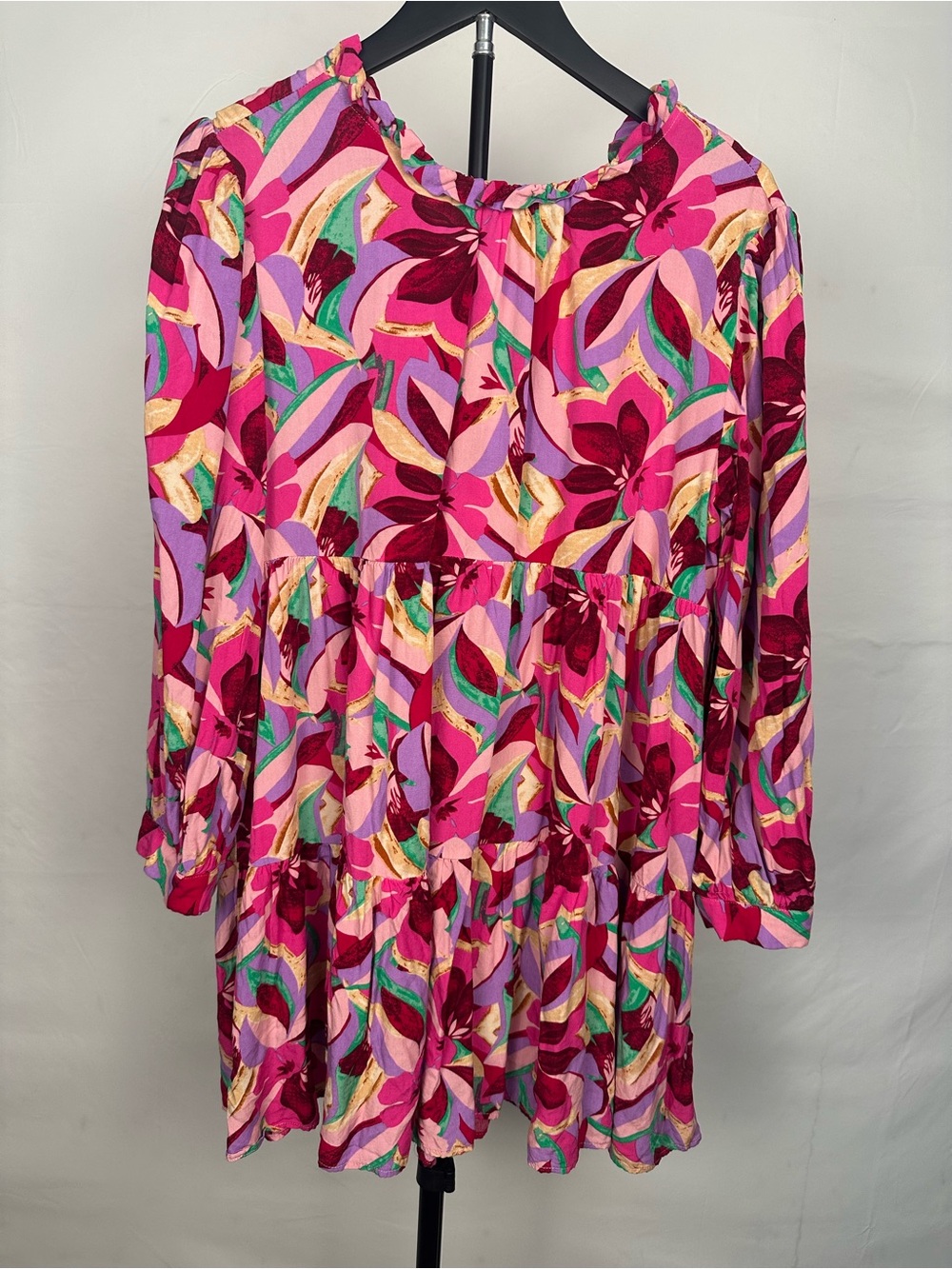 JODIFL Pink Floral Babydoll Mini Dress Women’s L Boho Tiered Long Sleeve Dress - Picture 2 of 8